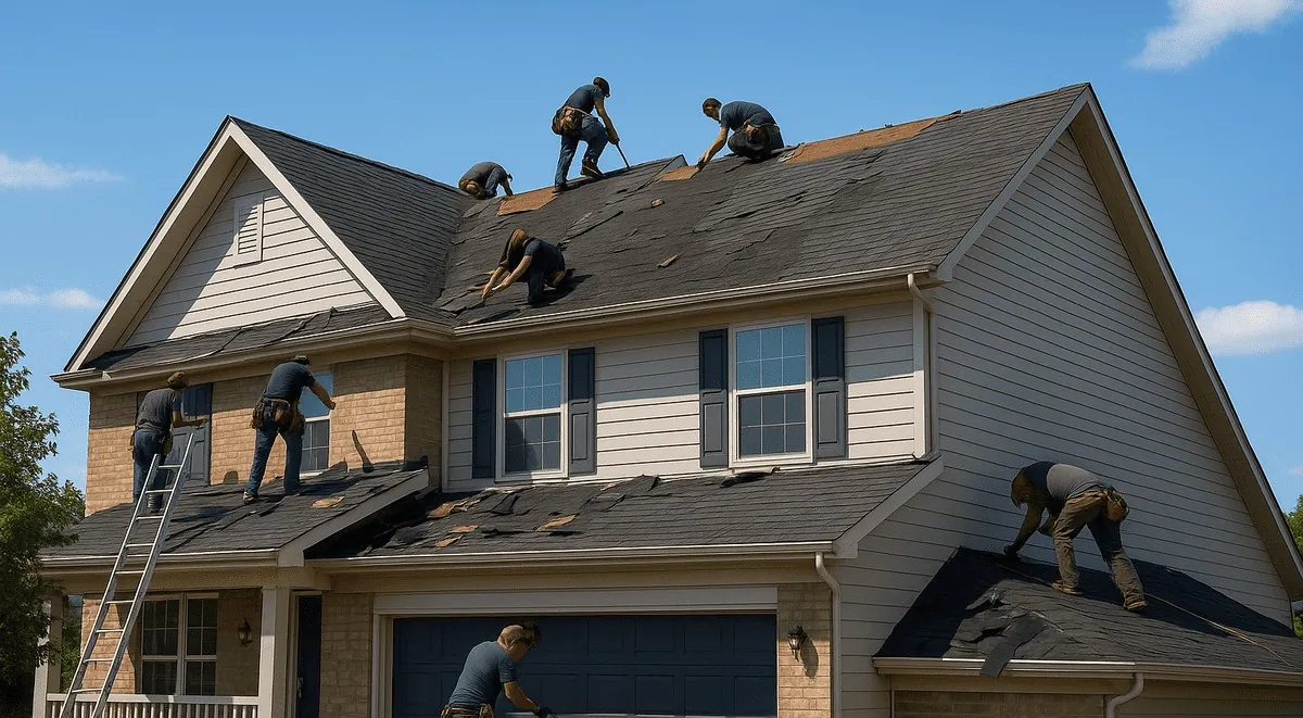 Above Roofing workers replacing homeowners roof in grand rapids, mi