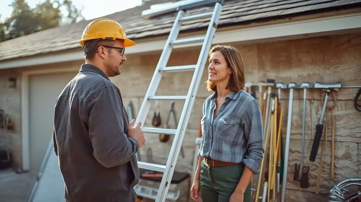 Roofing contractor speaking with homeowner