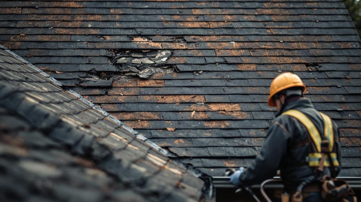 Roofer inspecting missing shingles on a storm-damaged Grand Rapids roof