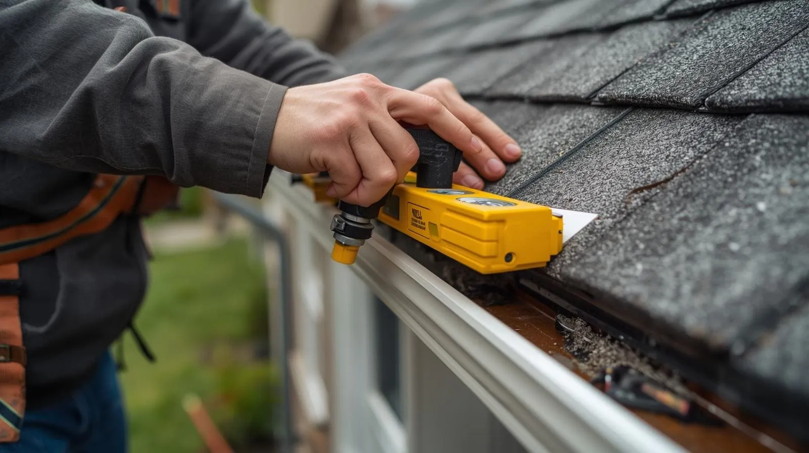 closeup of roofing measuring residential gutters