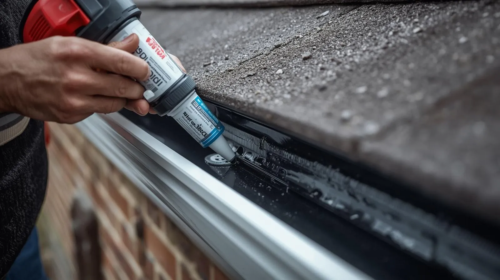 Roofer's hands applying sealant to residential gutters