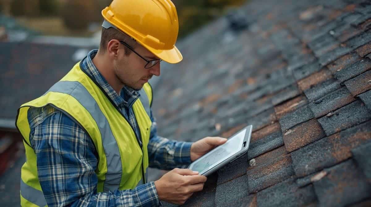 Roofer performing a free hail damage roof inspection in Grand Rapids