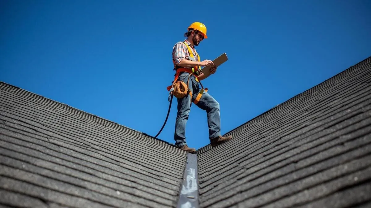 Roof inspector documenting storm damage with photos for an insurance claim