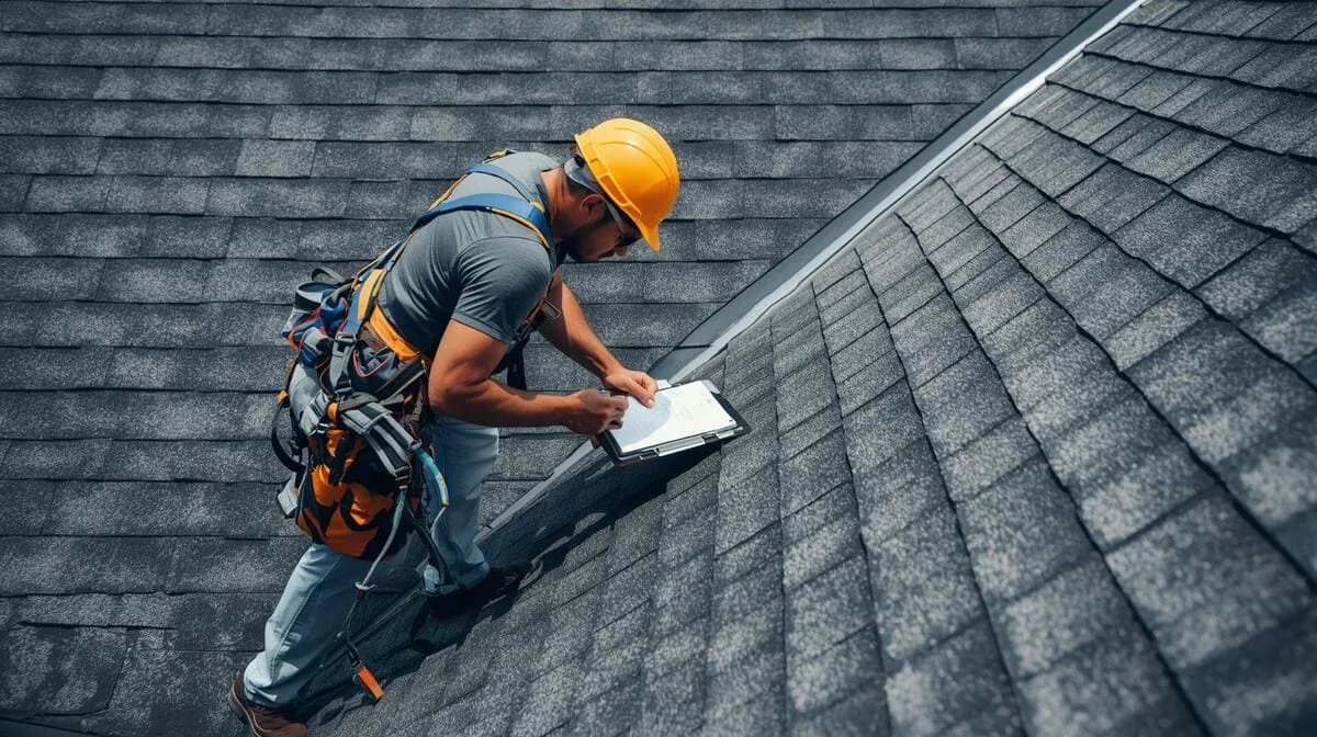 Above roofing contractor inspecting a roof in grand rapids,mi