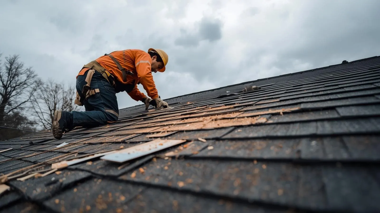 Roofer removing shingles from a residential roof during roof repair