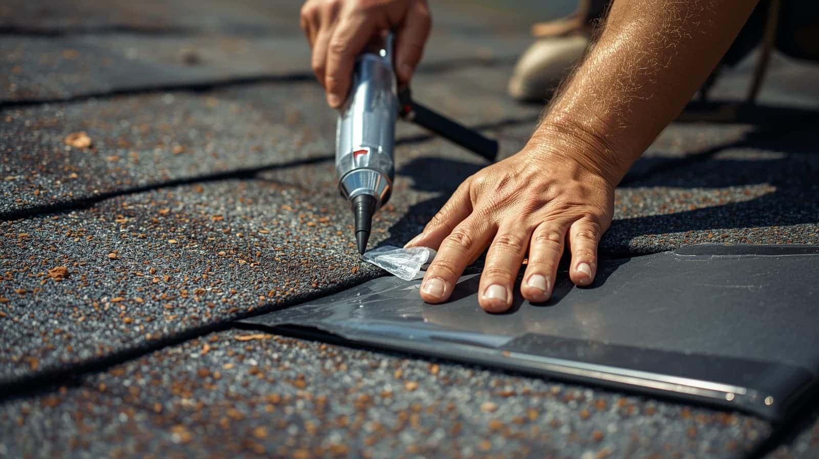 close up of roofer's hands using tools to repair a residential roof