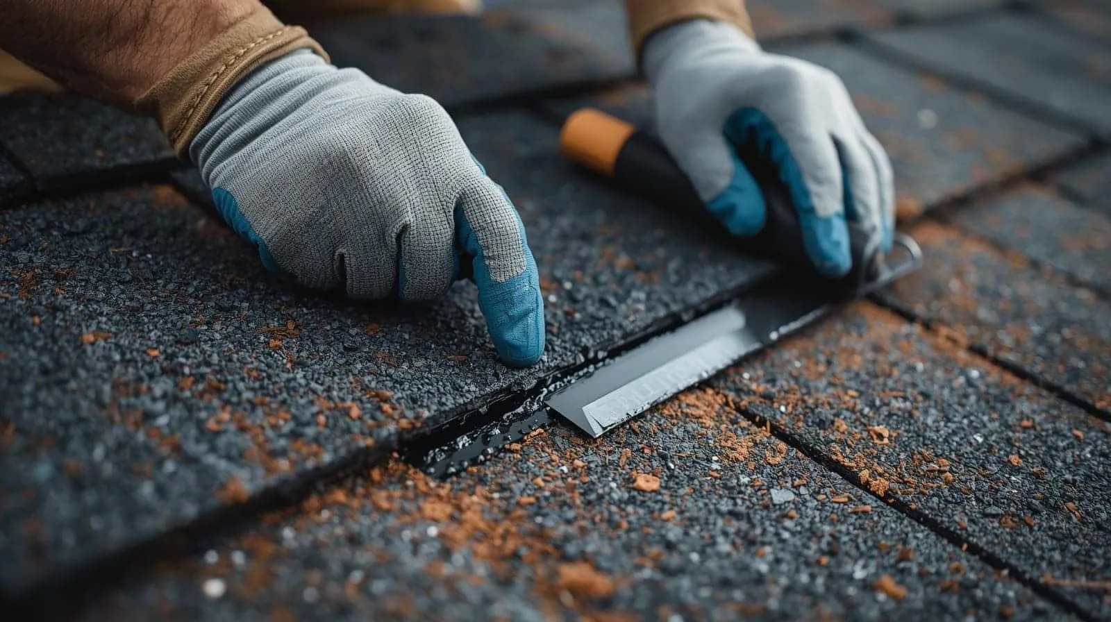 Close up of roofer's gloved hands using a measuring tool to measure shingles during a roof repair inspection