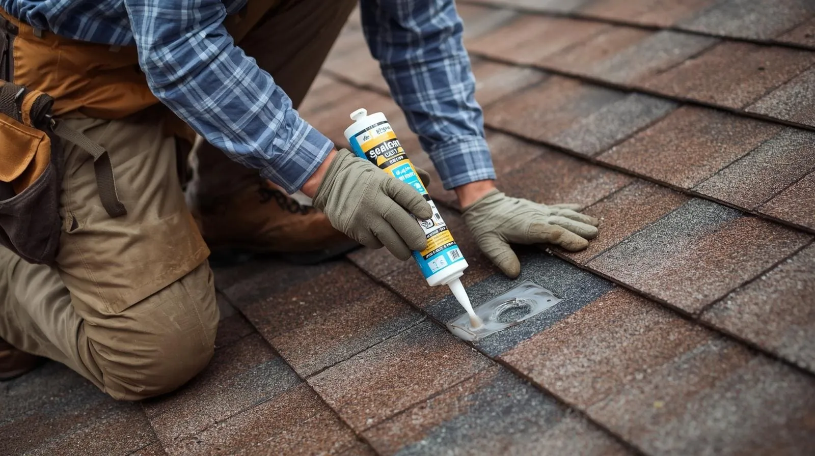Roofer adding sealant to shingle roof during a roof repair