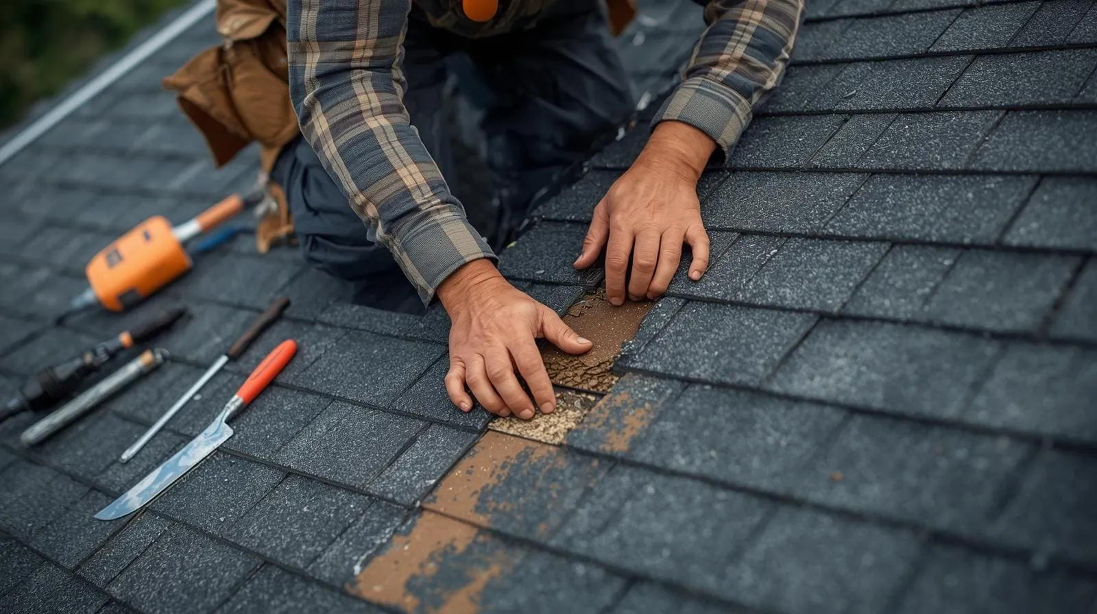 Roofer removing damaged shingles during residential a roof repair