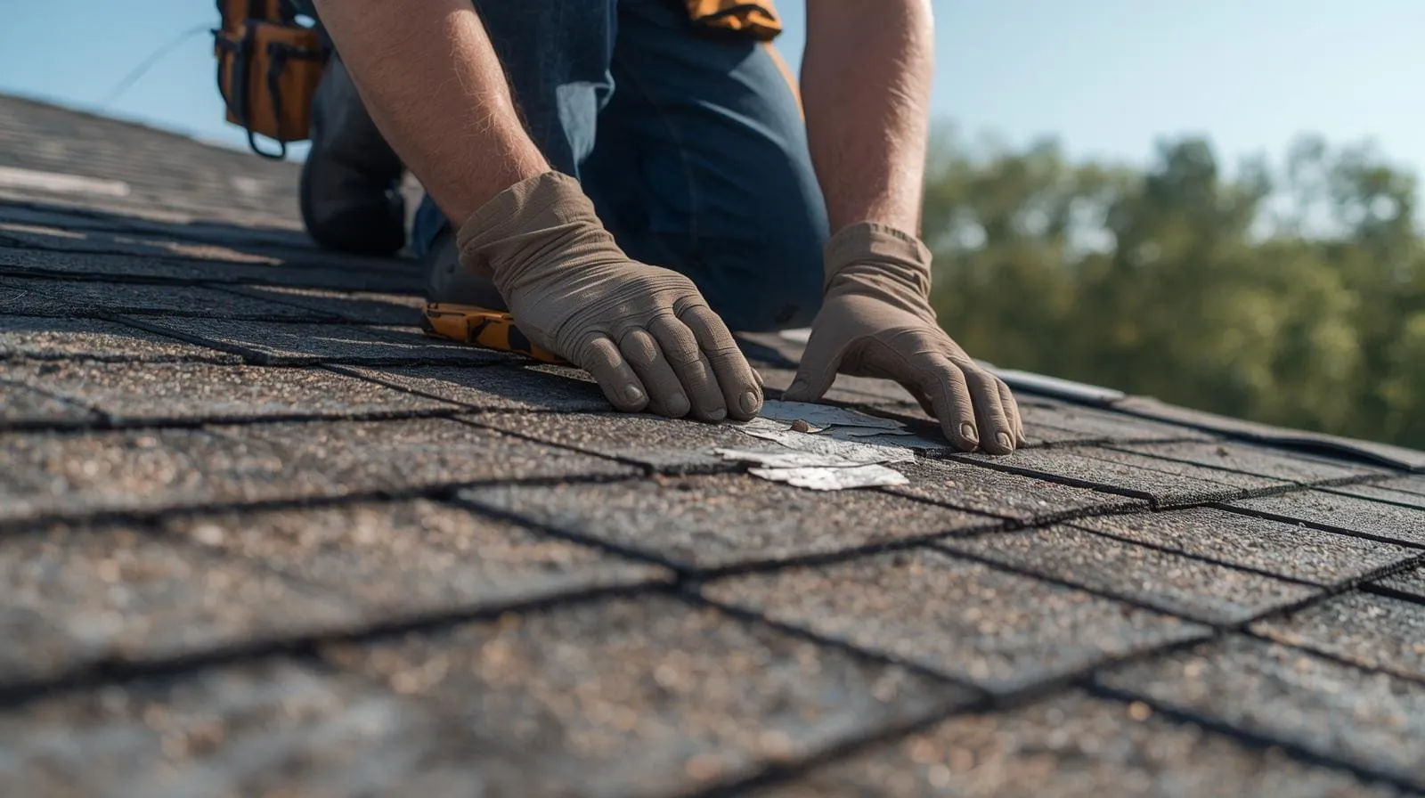 Roofer repairing residential shingle roof