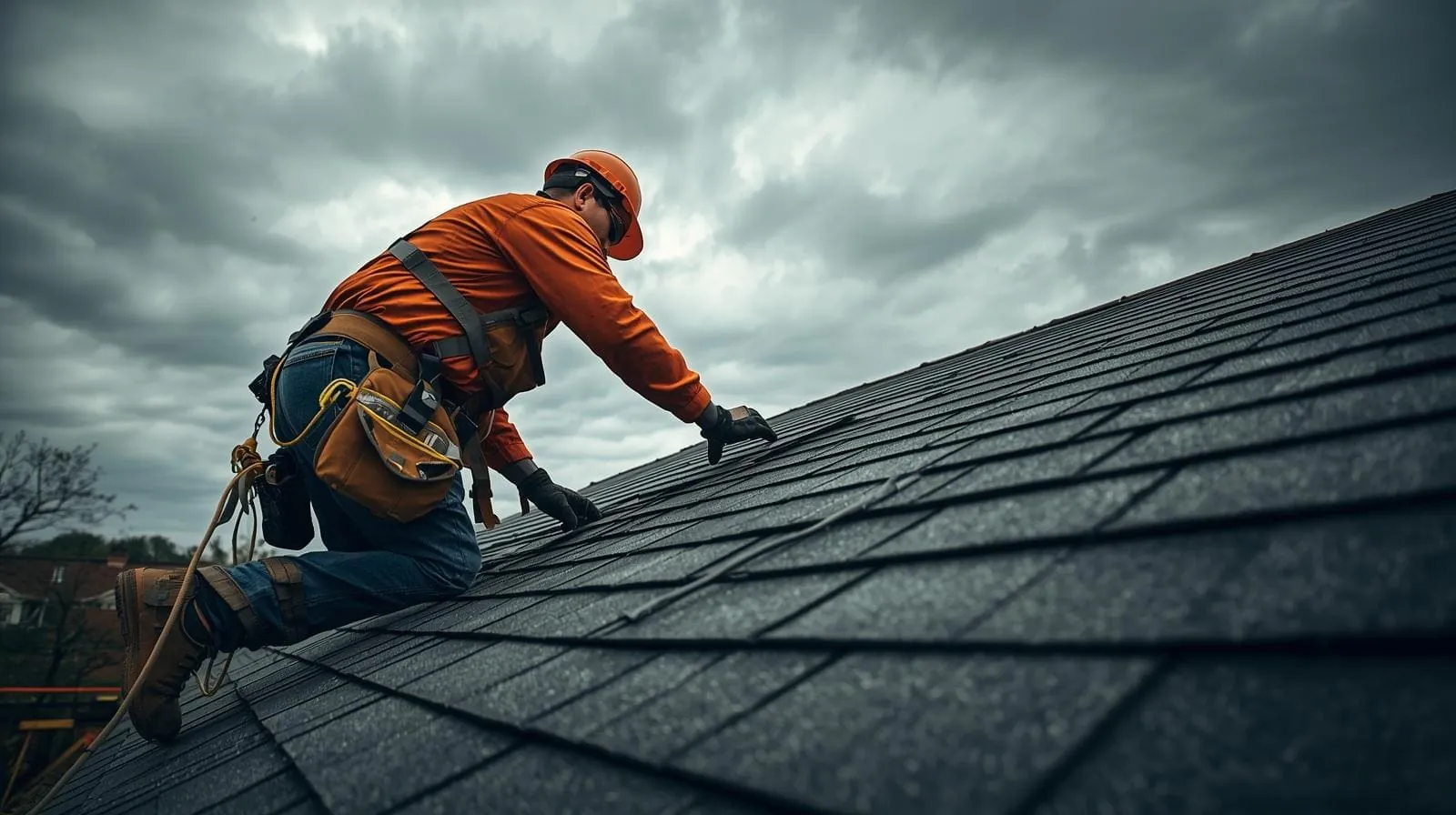 Roofer on slanted residential roof preparing for emergency roof repair