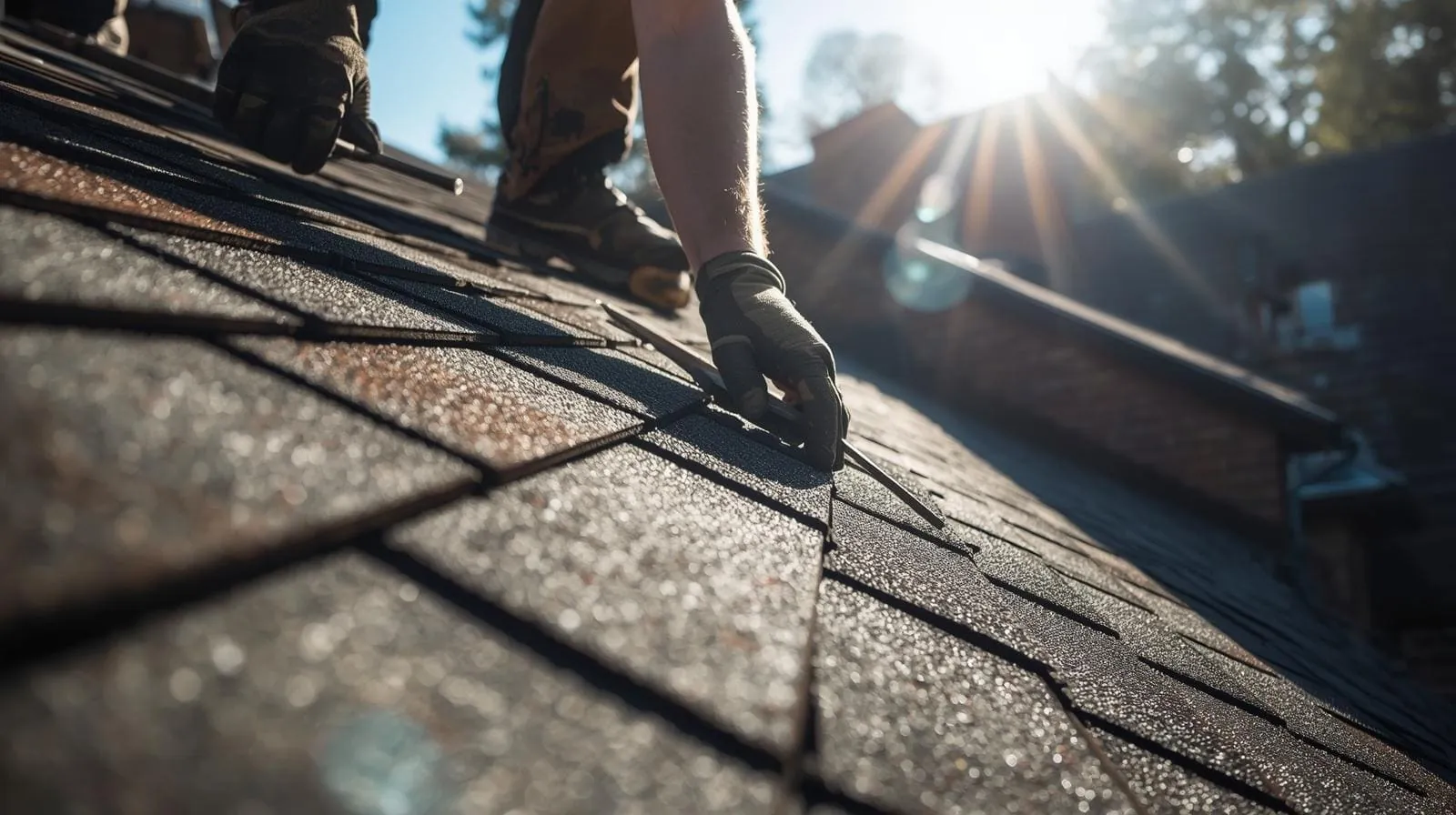 close up of roofer's hands using tools for a residential roof replacement with bright sunshine in the background