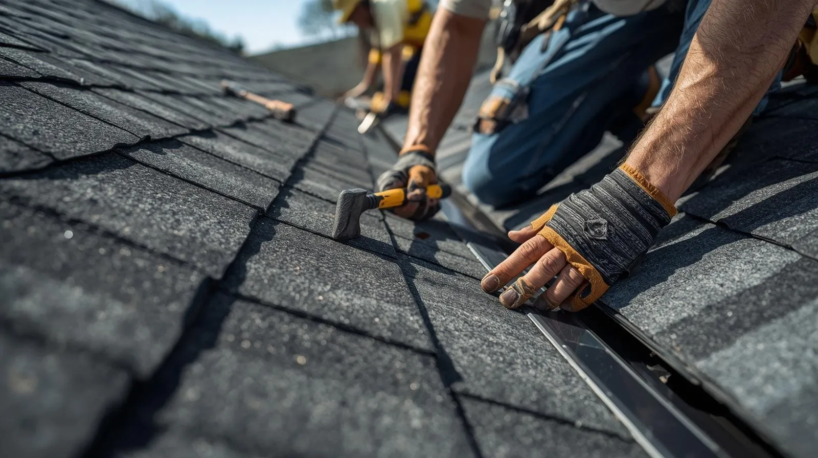 close up of roofers working with tools to replace work
