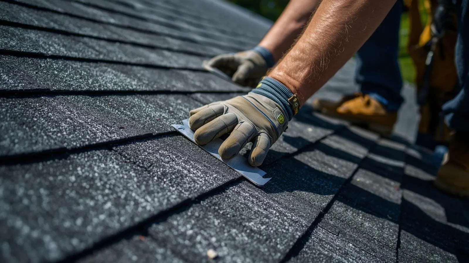 close up of roofer rands measuring shingles for residential roof replacement