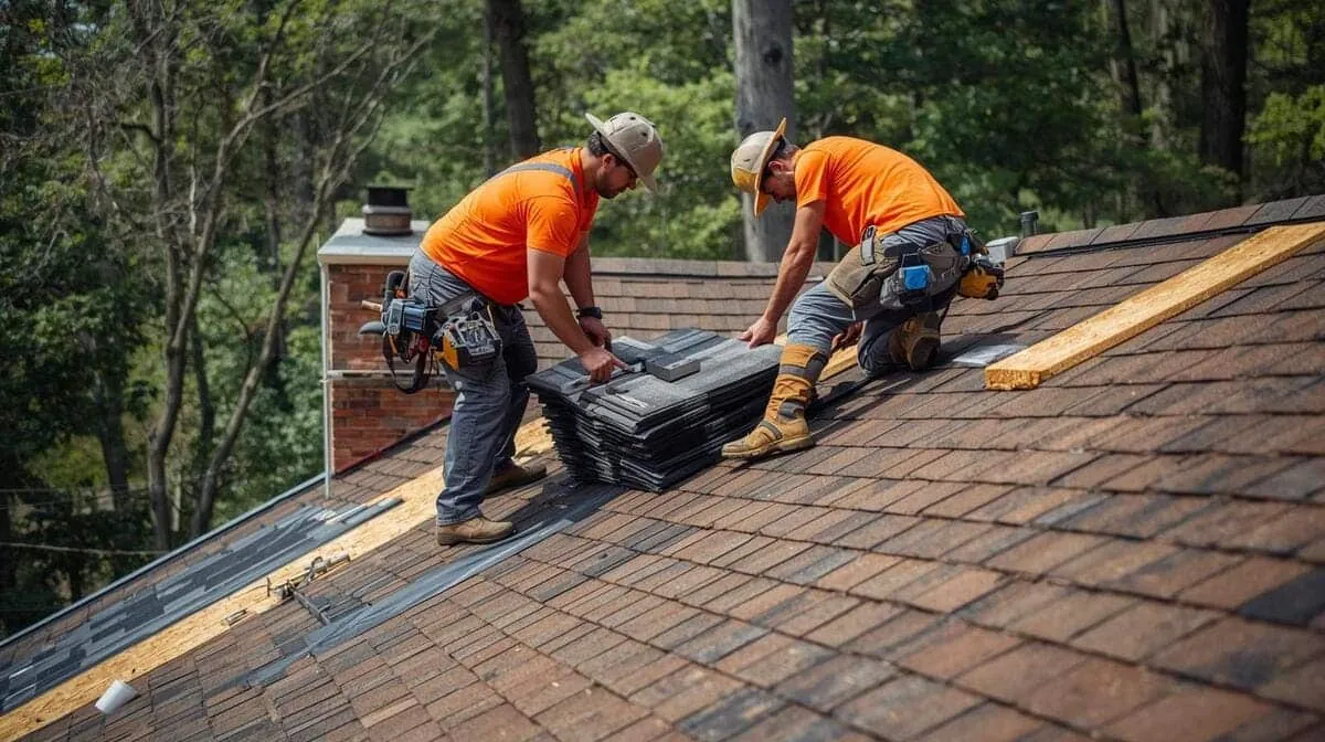Above Roofing workers replacing homeowners roof in grand rapids, mi