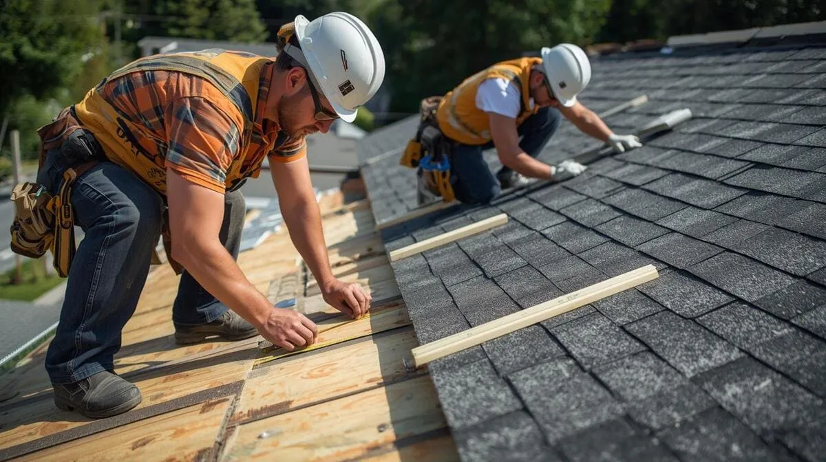 Two roofers replacing a residential roof
