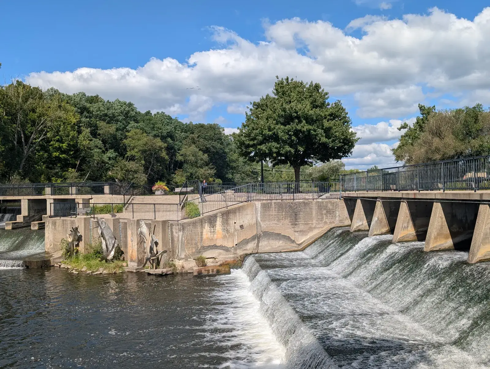The Rockford Dam and fish ladder on the Rogue River in Rockford, Michigan