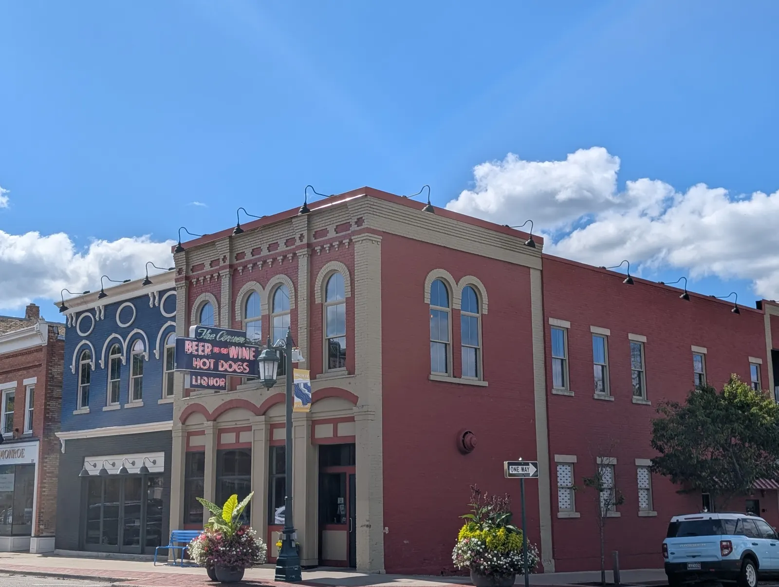 Historic brick storefronts on North Main Street in downtown Rockford, Michigan
