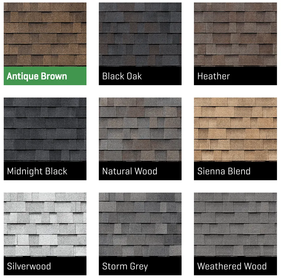 Malarkey Highlander AR shingle colors — Midnight Black, Black Oak, Antique Brown, Heather, Natural Wood, Sienna Blend, Silverwood, Storm Grey and Weathered Wood