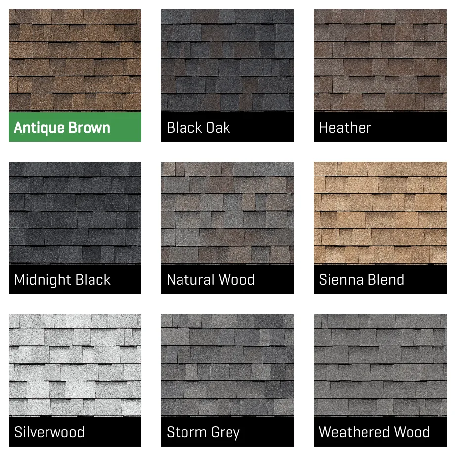 Malarkey Vista AR shingle colors — Antique Brown, Black Oak, Heather, Midnight Black, Natural Wood, Sienna Blend, Silverwood, Storm Grey and Weathered Wood