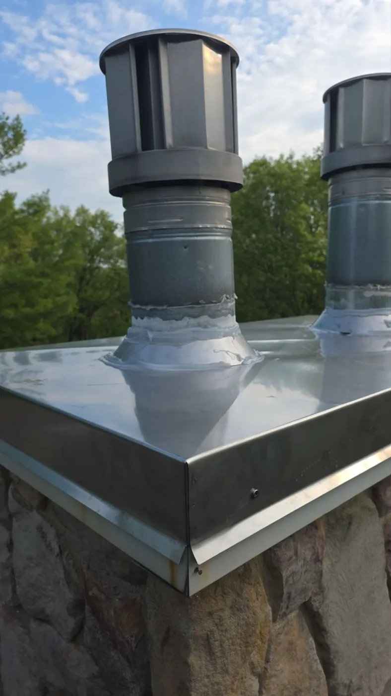 Close-up of a stainless steel chimney cap drip edge and sealed flue collar