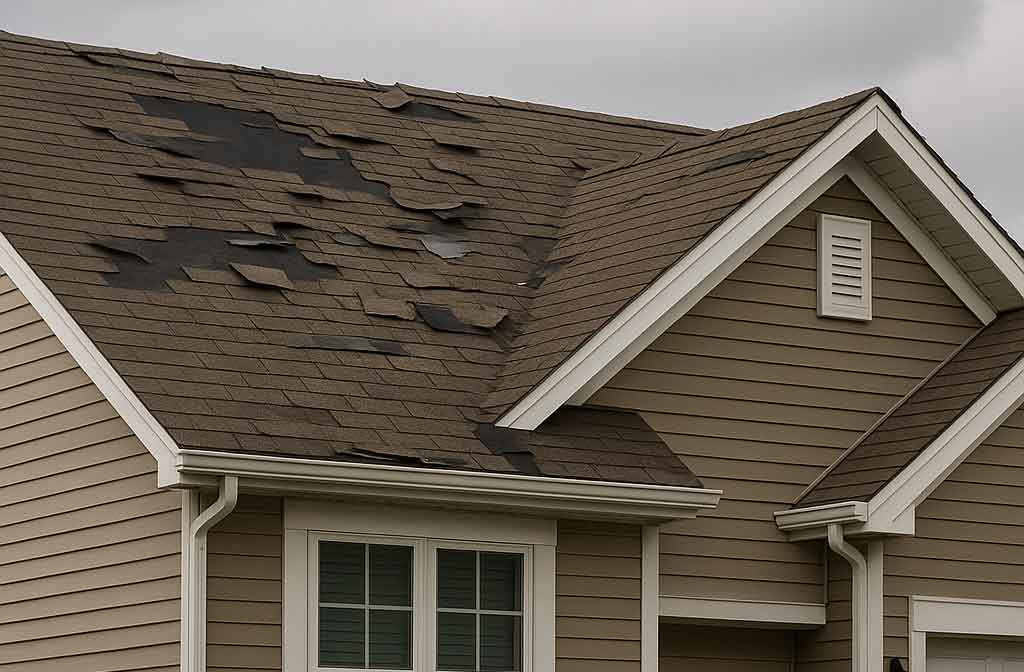 House with damaged roof from a storm