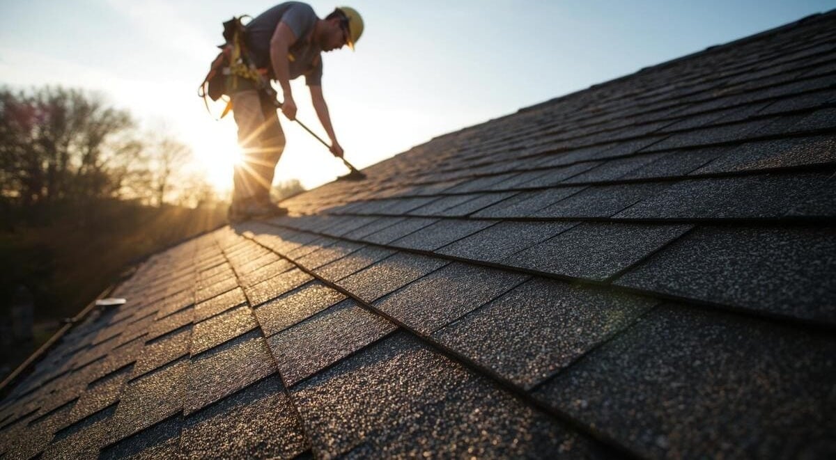 Roofer working on grand rapids michigan roof at sunset