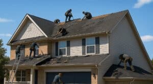 Above Roofing workers replacing homeowners roof in grand rapids, mi