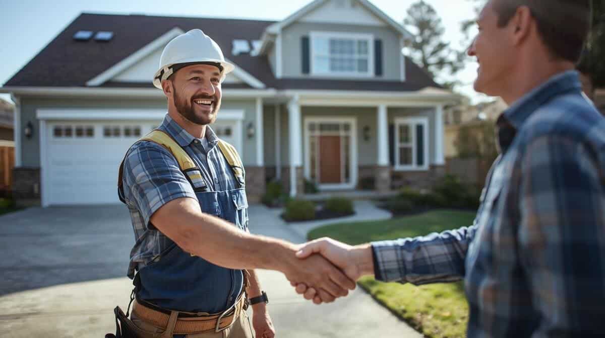 Above Roofing contractor shaking hands with grand rapids homeowner