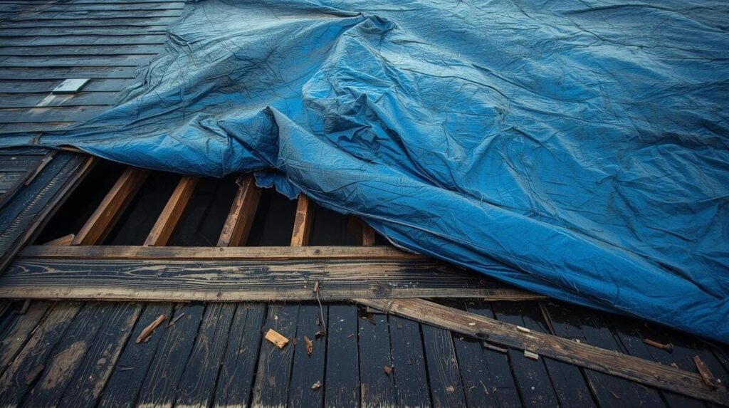 Storm damaged roof with tarp covering it in grand rapids mi