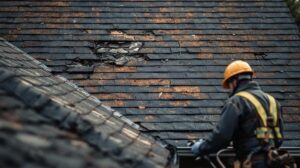 Roof damaged by storm with contractor assessing damage