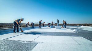 Roofers repairing commercial flat roof