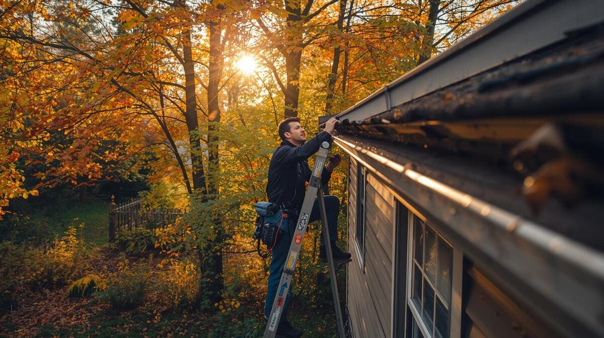 Roofer climbing ladder to inspect a home's gutter during autumn