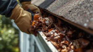 close up of roofer's hands cleaning out clogged residential gutters