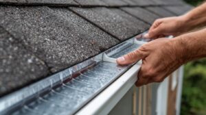 Close up of roofer's hands installing gutter guards in residential home