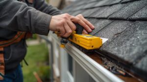 closeup of roofing measuring residential gutters