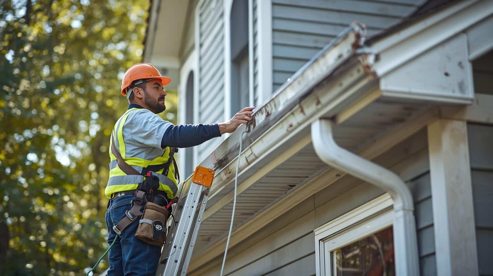 Roofer on latter installing a new gutter system on a residential home