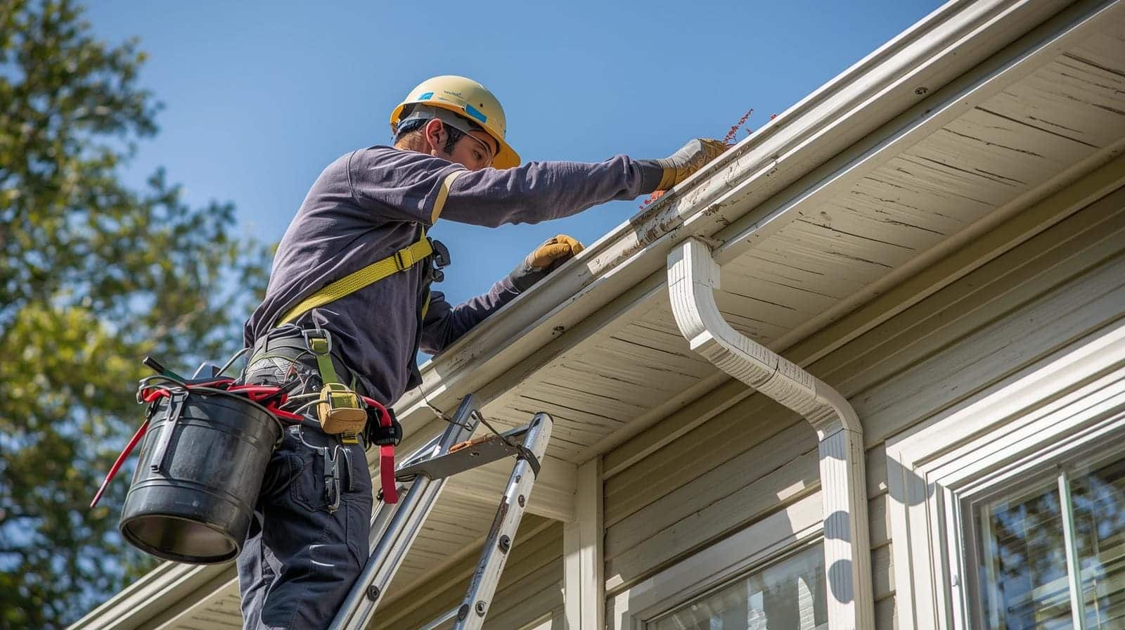 Roofer on ladder preparing to install new gutters in a home