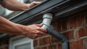 close up of hands adjusting gutter drain