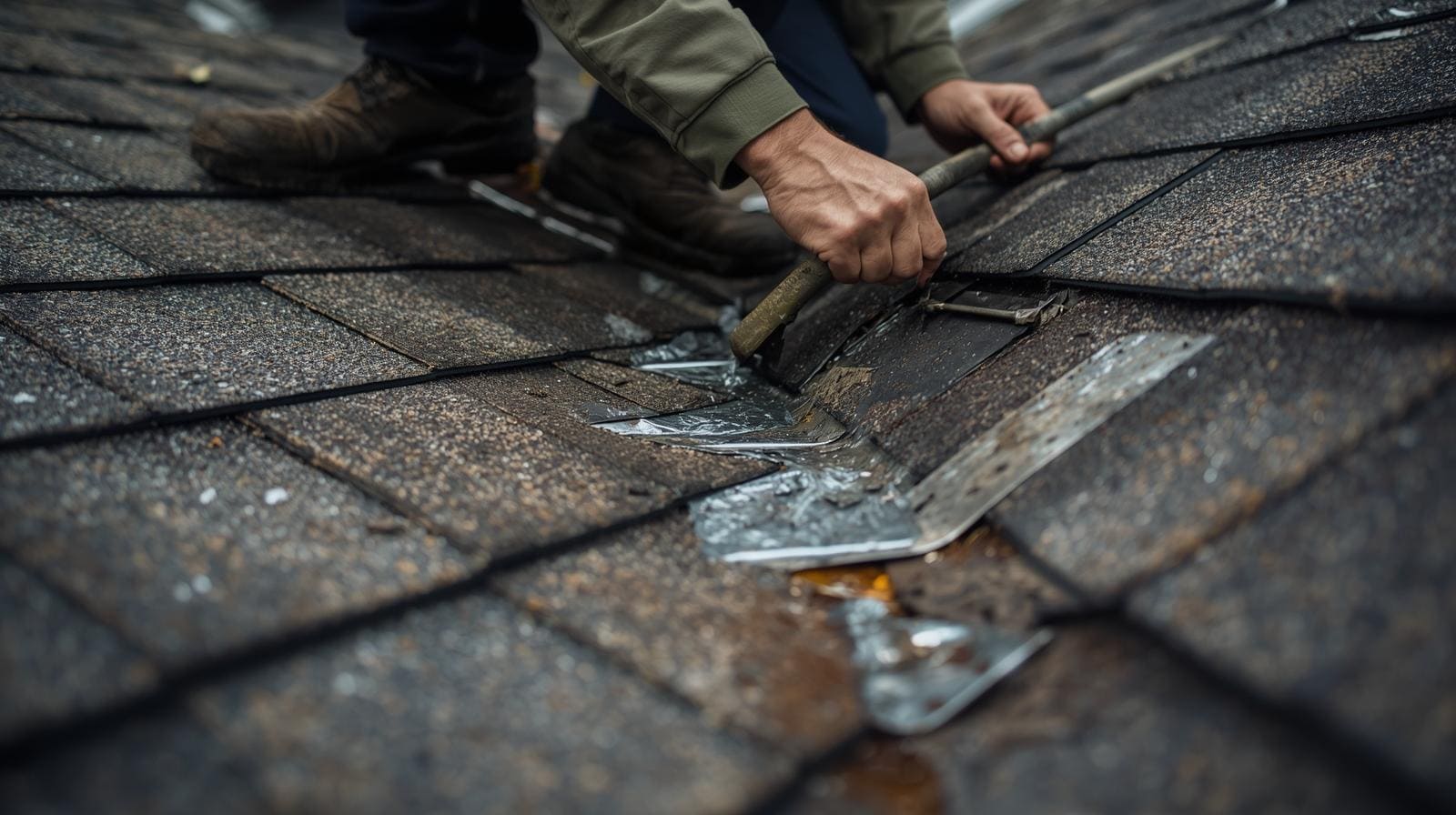 close up of roofer's hands repairing damaged roof