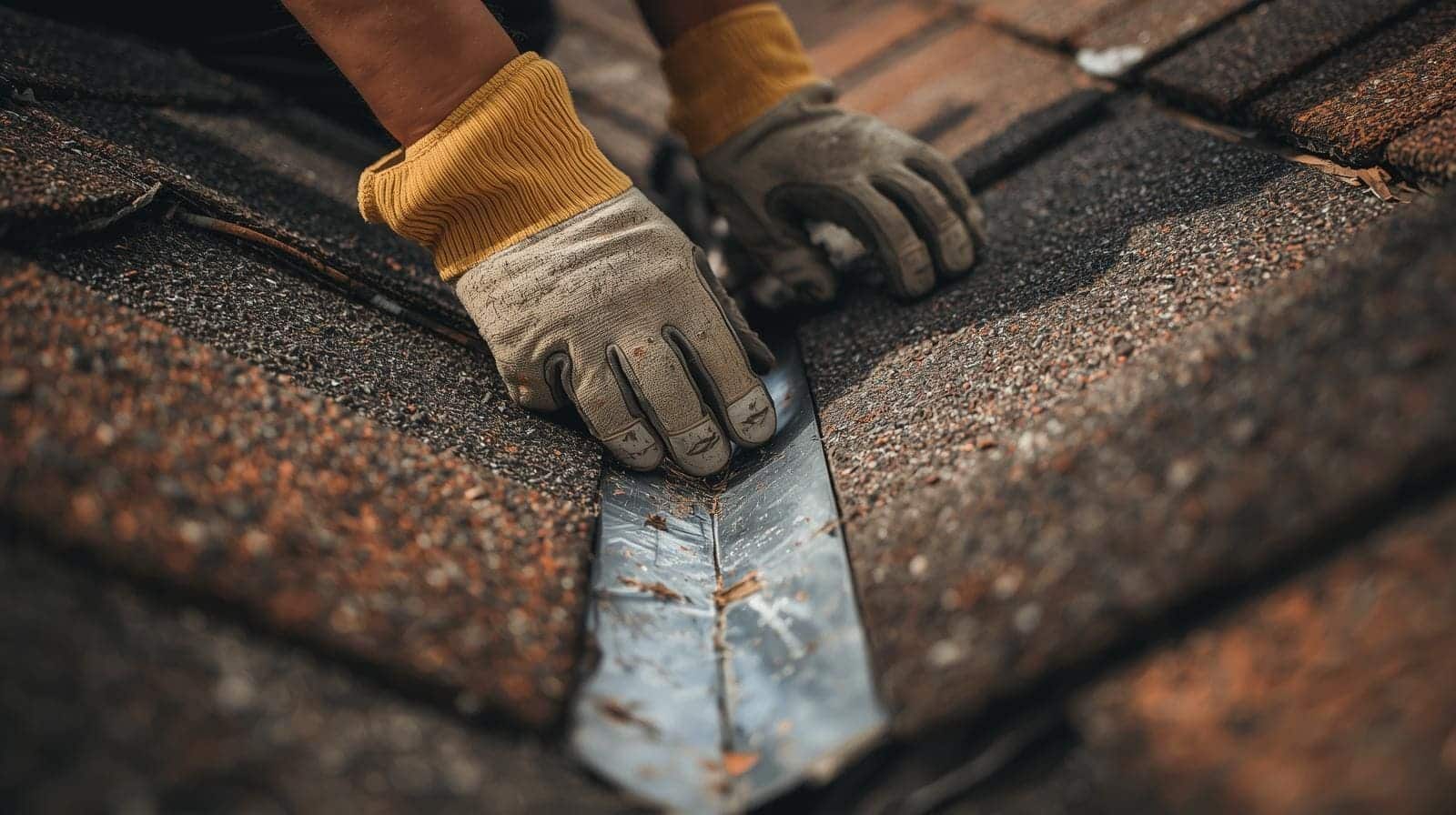 close up of roofer's gloved hands repairing a residential shingle roof