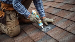 Roofer adding sealant to shingle roof during a roof repair