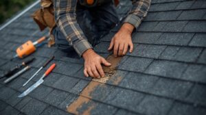 Roofer removing damaged shingles during residential a roof repair