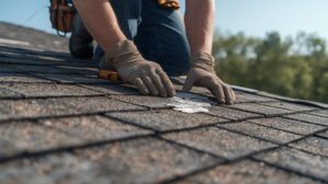 Roofer repairing residential shingle roof