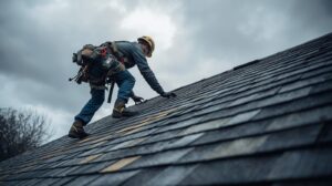 Roofer on residential roof preparing for roof repair