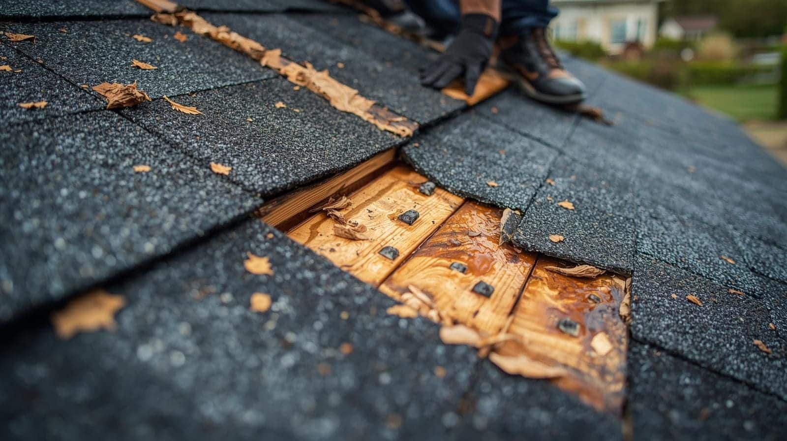 Shingles being torn off roof during a professional residential roof replacement
