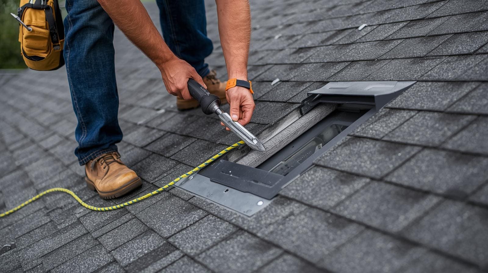 Roofer working with tools to replace residential roof