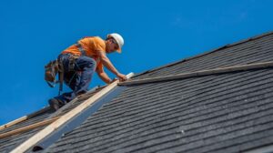 roofer on ladder working on residential roof replacement