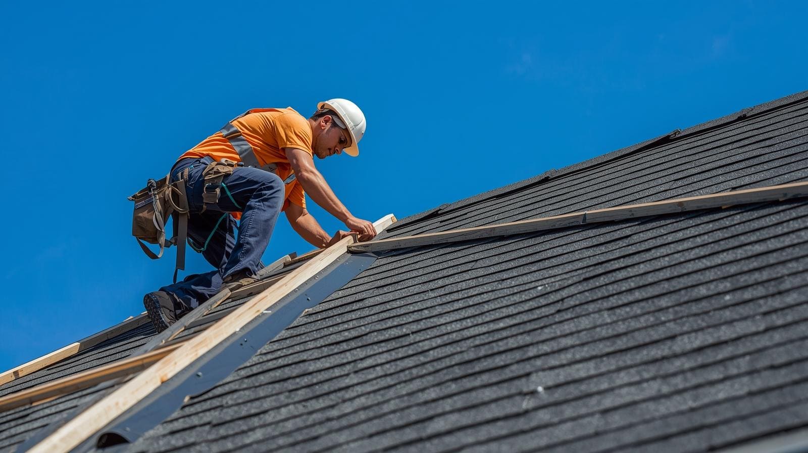 roofer on ladder working on residential roof replacement