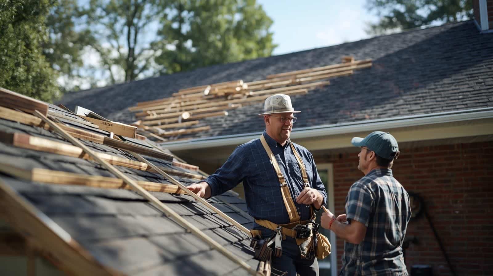 roofing contractor consulting with homeowner during roof replacement